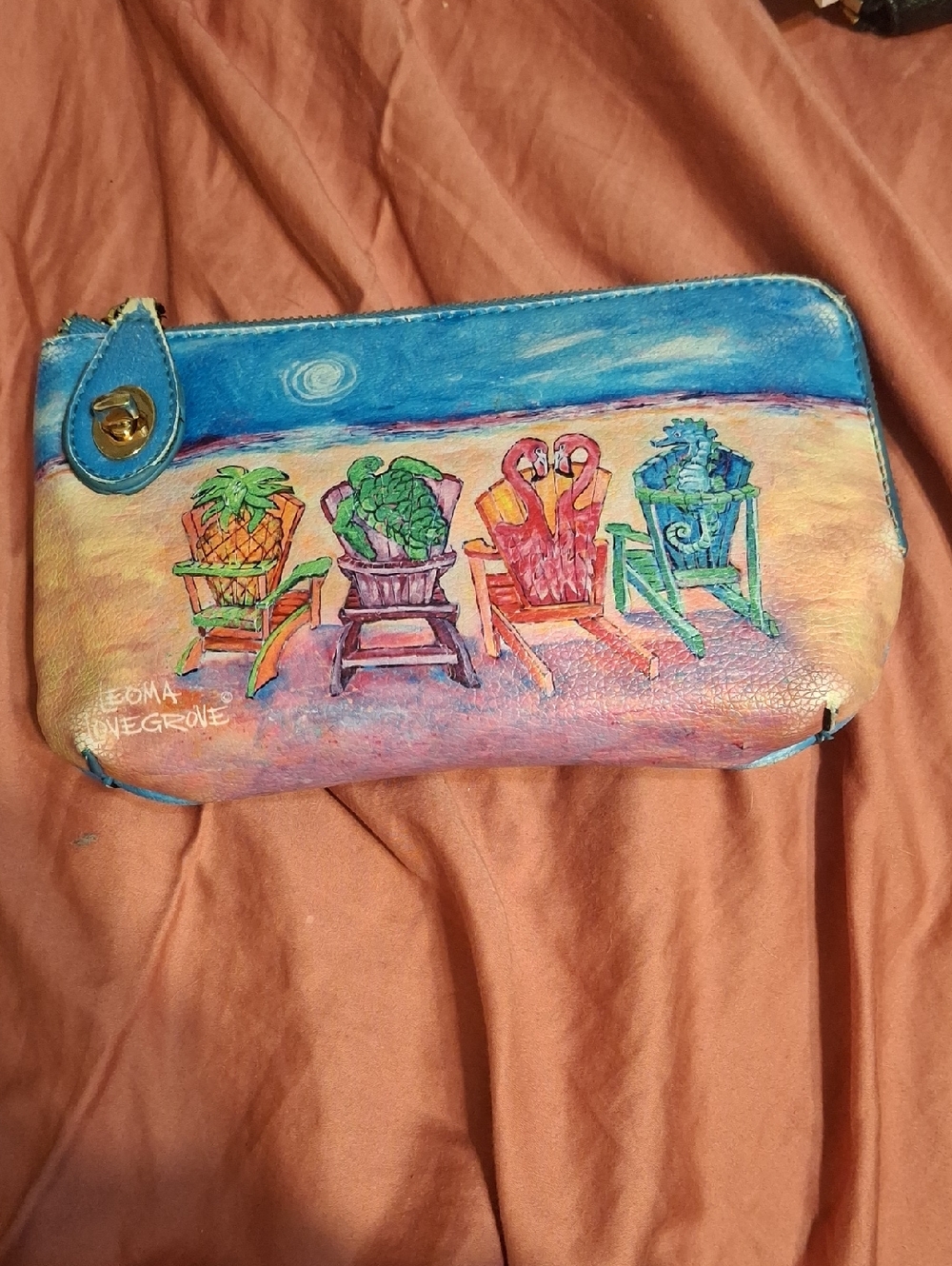Leoma Lovegrove hand-painted beach scene wristlet crossbody bag